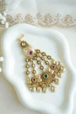 Kundan meenakari passa jhoomar with ruby and emerald detail - South Asian bridal hair jewelry