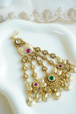 Kundan meenakari passa jhoomar with ruby and emerald detail - South Asian bridal hair jewelry