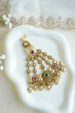 Kundan meenakari passa jhoomar with ruby and emerald detail - South Asian bridal hair jewelry