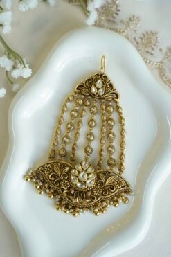 Kundan matte passa jhoomar with pearl drops - South Asian bridal hair jewelry