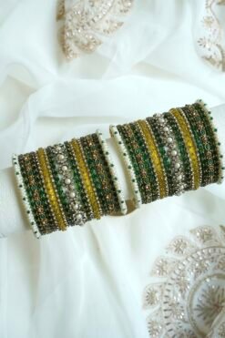Mehak green and yellow kundan bangle set with floral detail - South Asian festive bangles