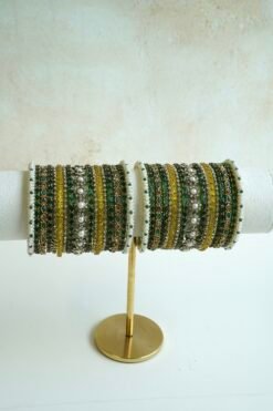 Mehak green and yellow kundan bangle set with floral detail - South Asian festive bangles