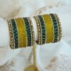 Mishka teal and yellow glass bangle set with stone detailing - South Asian festive bangles
