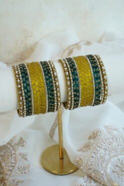 Mishka teal and yellow glass bangle set with stone detailing - South Asian festive bangles
