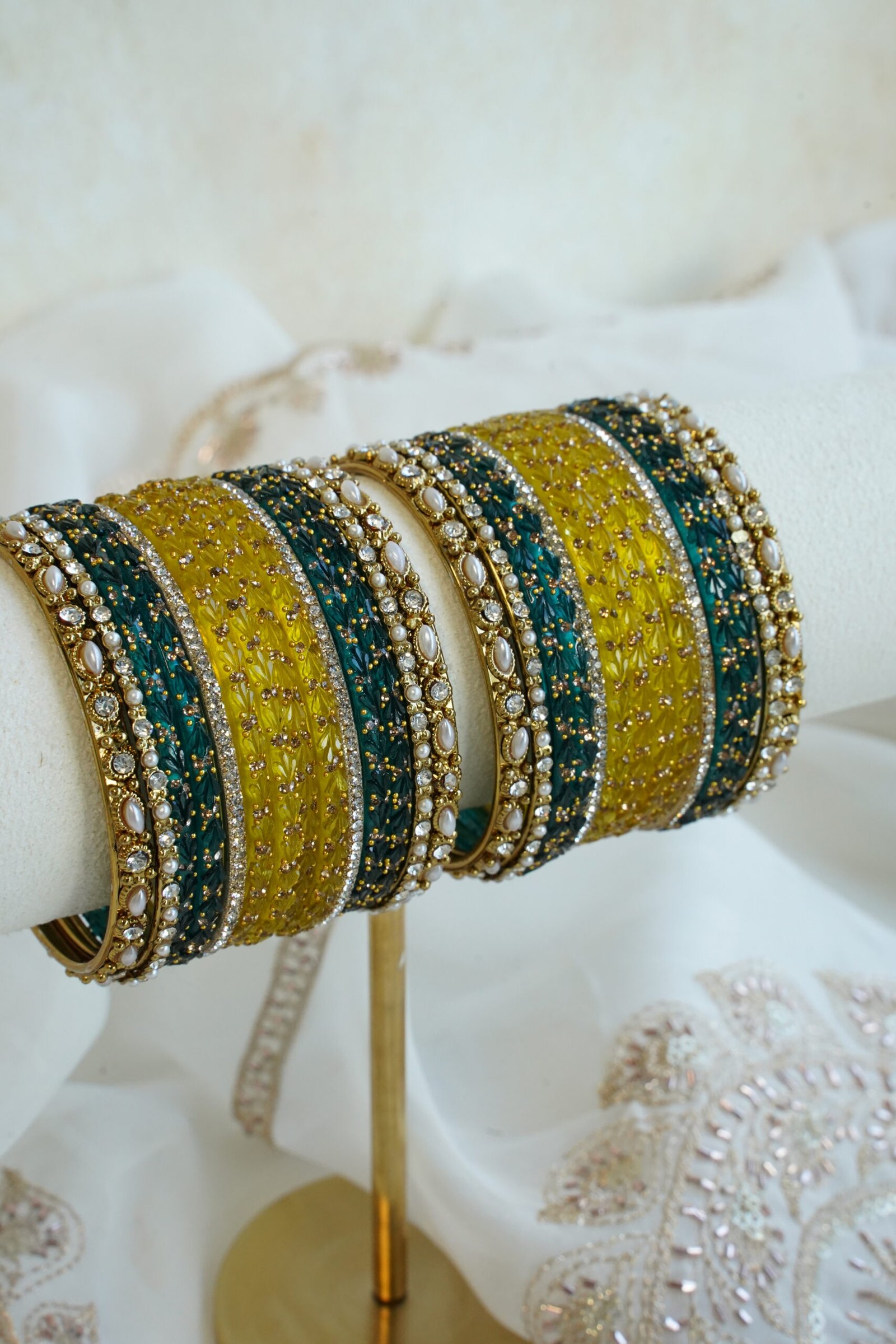 Mishka teal and yellow glass bangle set with stone detailing - South Asian festive bangles