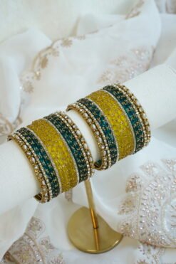 Mishka teal and yellow glass bangle set with stone detailing - South Asian festive bangles