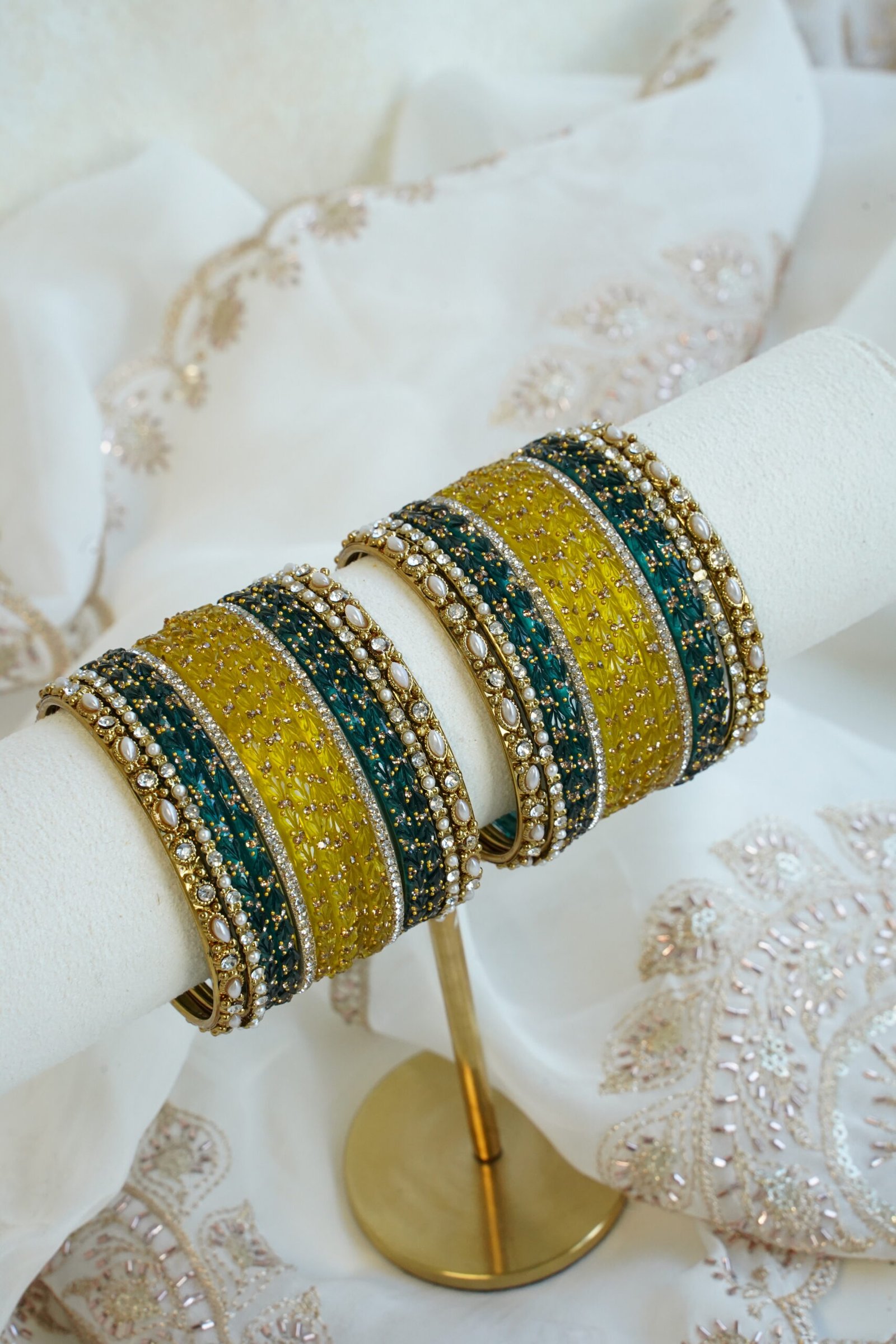 Mishka teal and yellow glass bangle set with stone detailing - South Asian festive bangles