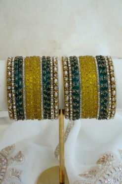 Mishka teal and yellow glass bangle set with stone detailing - South Asian festive bangles