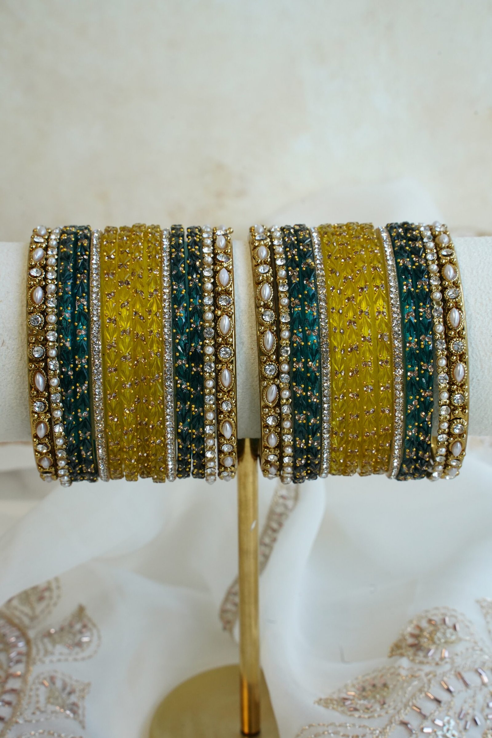 Mishka teal and yellow glass bangle set with stone detailing - South Asian festive bangles