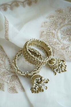 Pearl jhumka bangle set of 2 - South Asian bridal white and gold festive bangles