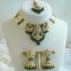 Riya artificial kundan necklace set in green with matching jhumka earrings and tikka - South Asian festive jewelry
