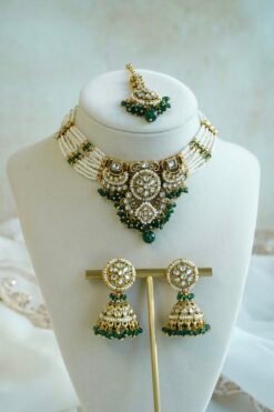 Riya artificial kundan necklace set in green with matching jhumka earrings and tikka - South Asian festive jewelry