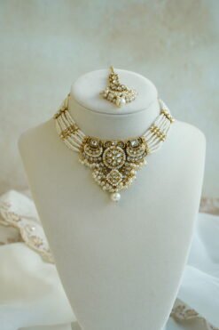 Riya artificial kundan necklace set in white with matching jhumka earrings and tikka - South Asian festive jewelry
