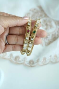 Ruby green heritage bangle set of 2 with pearl detail - South Asian bridal jewelry