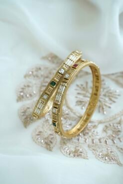 Ruby green heritage bangle set of 2 with pearl detail - South Asian bridal jewelry