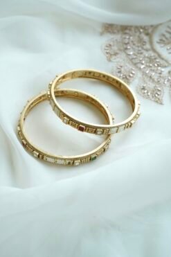 Ruby green heritage bangle set of 2 with pearl detail - South Asian bridal jewelry