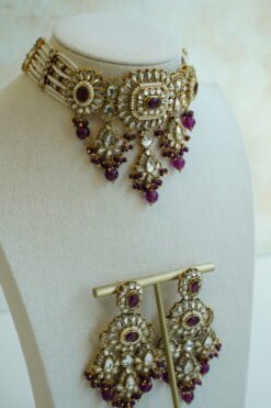 Shabnam kundan choker set in deep purple with matching earrings and tikka - South Asian festive jewelry