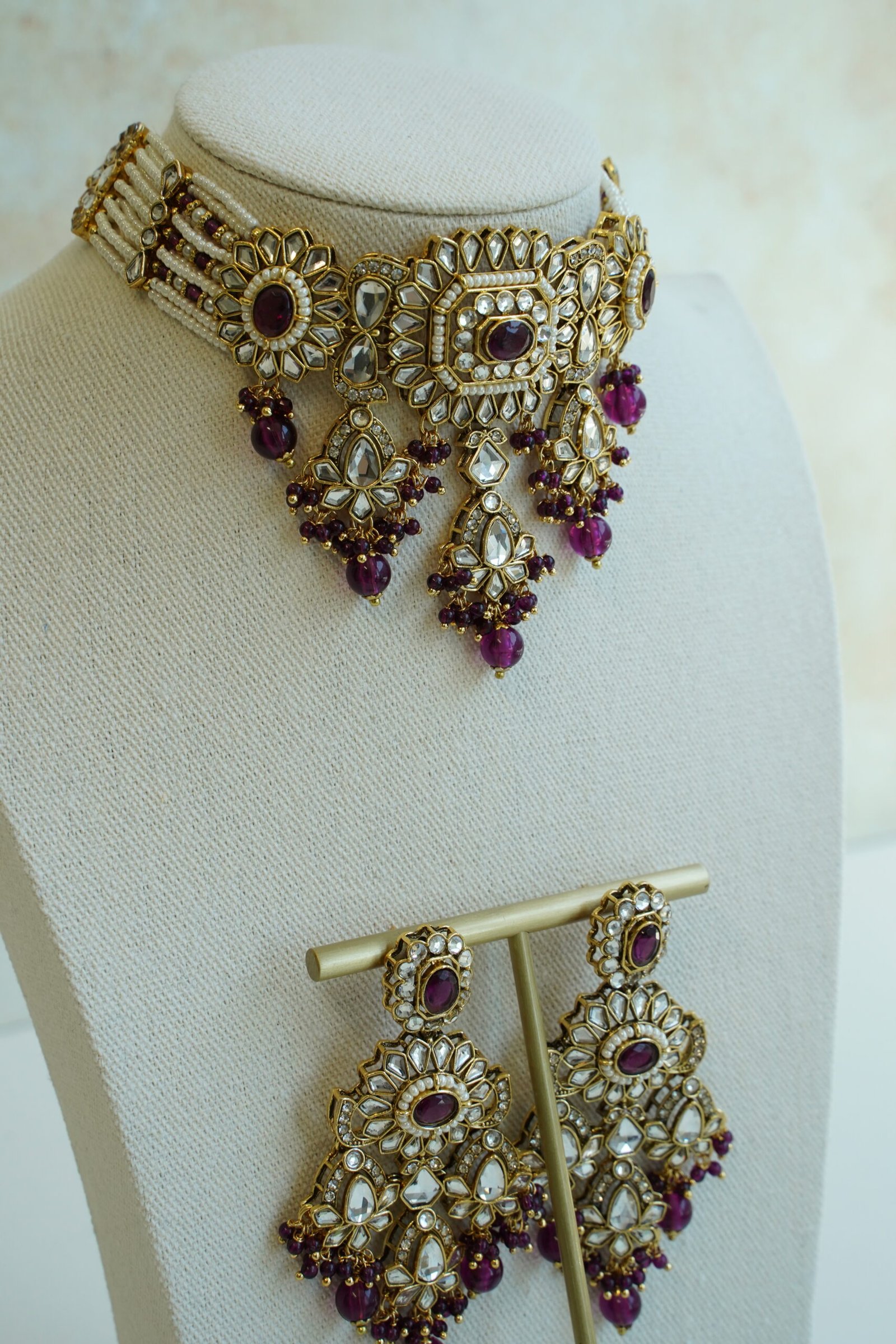 Shabnam kundan choker set in deep purple with matching earrings and tikka - South Asian festive jewelry