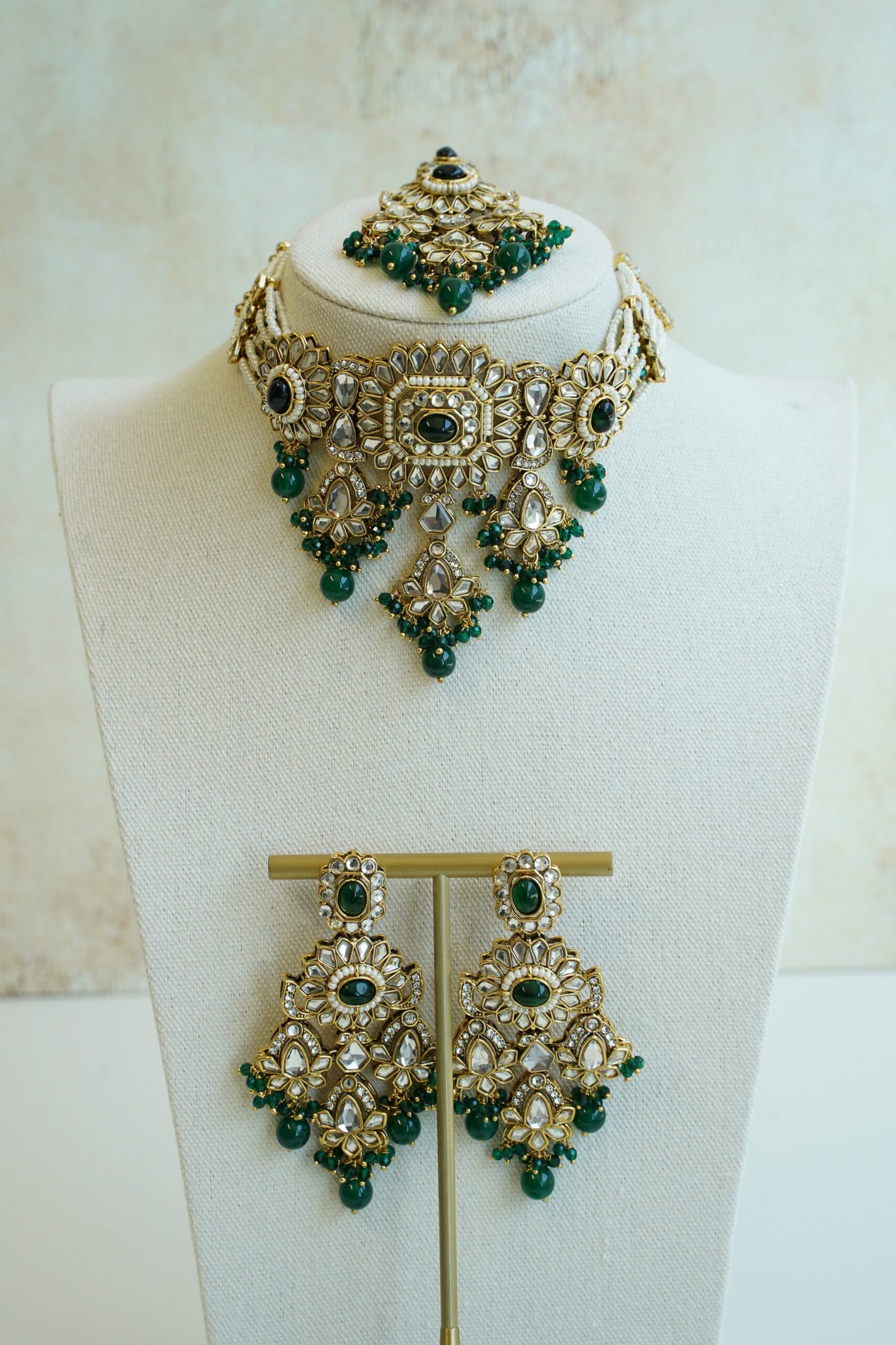 Shabnam kundan choker set in green with matching earrings and tikka - South Asian festive jewelry
