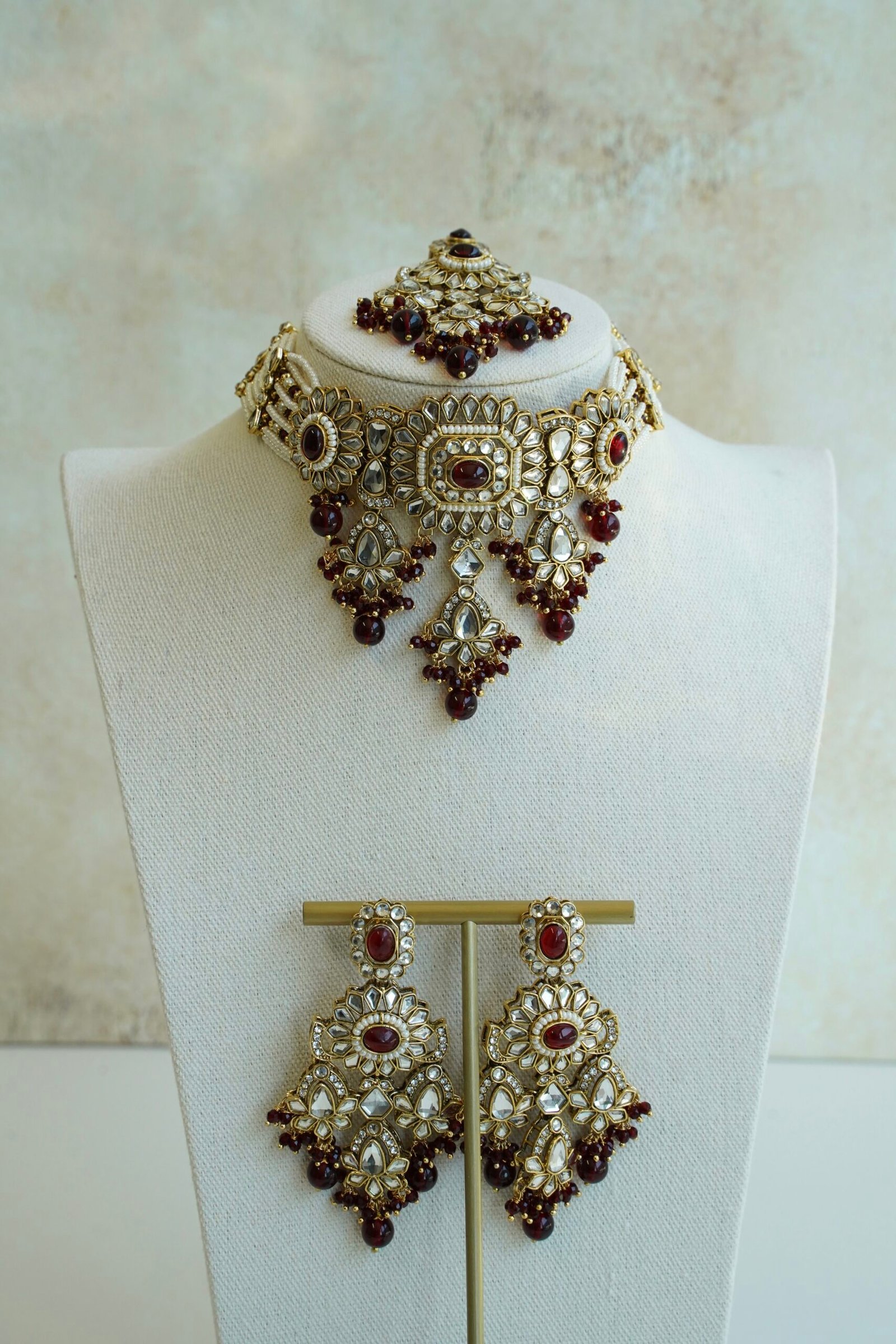 Shabnam kundan choker set in maroon with matching earrings and tikka - South Asian festive jewelry