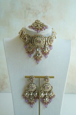 Shabnam kundan choker set in purple with matching earrings and tikka - South Asian festive jewelry