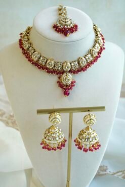 Simi kundan flexible necklace set in pink with matching jhumka earrings and tikka - South Asian festive jewelry