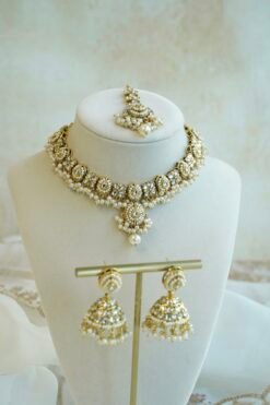 Simi kundan flexible necklace set in white with matching jhumka earrings and tikka - South Asian festive jewelry
