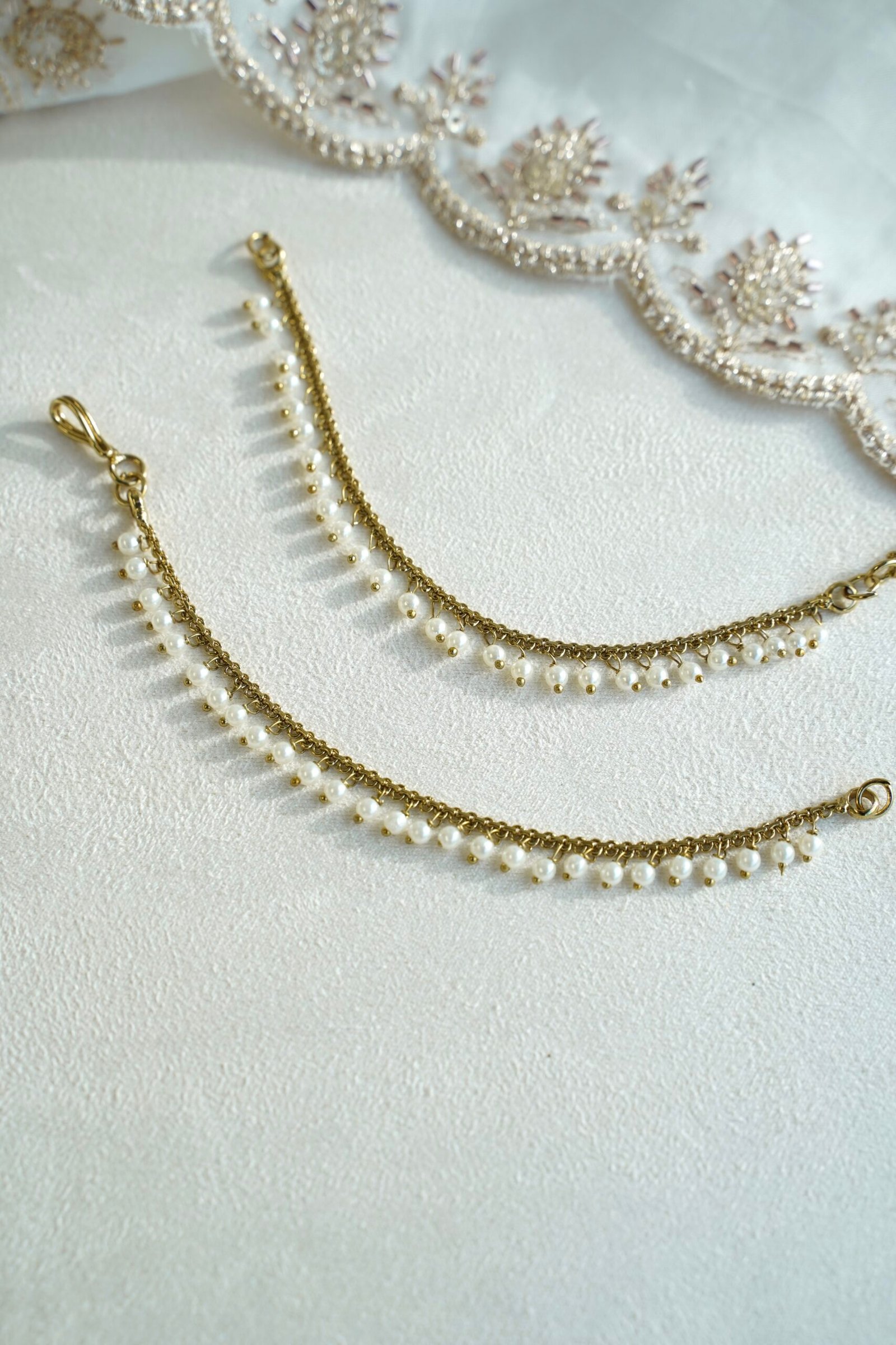Single layer pearl kanchain earring chain - South Asian bridal jewelry