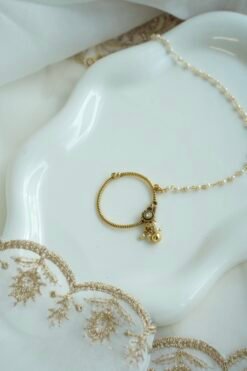 Kundan pearl chain nath nose ring with floral gold detail - South Asian bridal jewelry
