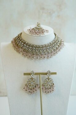 Aleena flexible necklace set in pink with matching earrings and tikka, South Asian festive jewelry