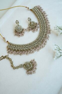 Aleena flexible necklace set in pink with matching earrings and tikka, South Asian festive jewelry