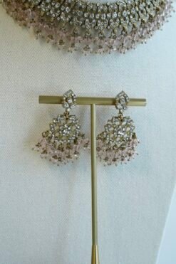 Aleena flexible necklace set in pink with matching earrings and tikka, South Asian festive jewelry