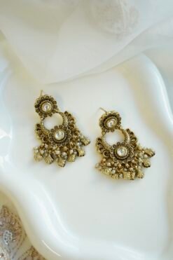 Anvi kundan chandbali earrings with pearl and gold leaf drops, South Asian festive jewelry