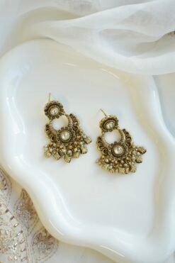 Anvi kundan chandbali earrings with pearl and gold leaf drops, South Asian festive jewelry