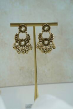 Anvi kundan chandbali earrings with pearl and gold leaf drops, South Asian festive jewelry