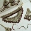 Ayesha crystal beaded bridal set in maroon with double layer necklace, jhumar, kaanchain, and tikka, South Asian wedding jewelry