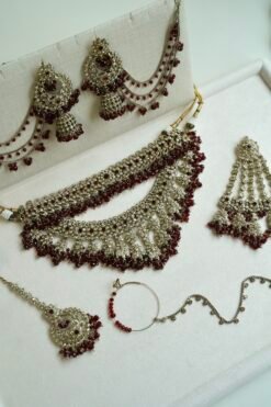 Ayesha crystal beaded bridal set in maroon with double layer necklace, jhumar, kaanchain, and tikka, South Asian wedding jewelry