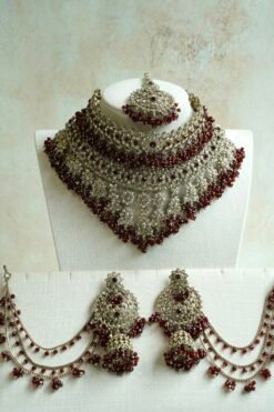 Ayesha crystal beaded bridal set in maroon with double layer necklace, jhumar, kaanchain, and tikka, South Asian wedding jewelry