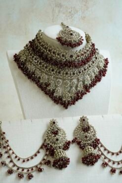 Ayesha crystal beaded bridal set in maroon with double layer necklace, jhumar, kaanchain, and tikka, South Asian wedding jewelry
