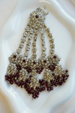 Ayesha crystal beaded bridal set in maroon with double layer necklace, jhumar, kaanchain, and tikka, South Asian wedding jewelry
