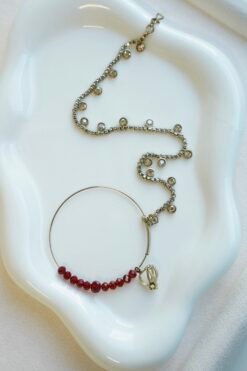 Ayesha crystal beaded bridal set in maroon with double layer necklace, jhumar, kaanchain, and tikka, South Asian wedding jewelry