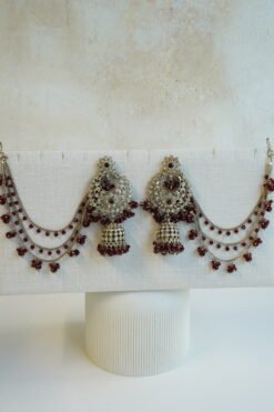 Ayesha crystal beaded bridal set in maroon with double layer necklace, jhumar, kaanchain, and tikka, South Asian wedding jewelry
