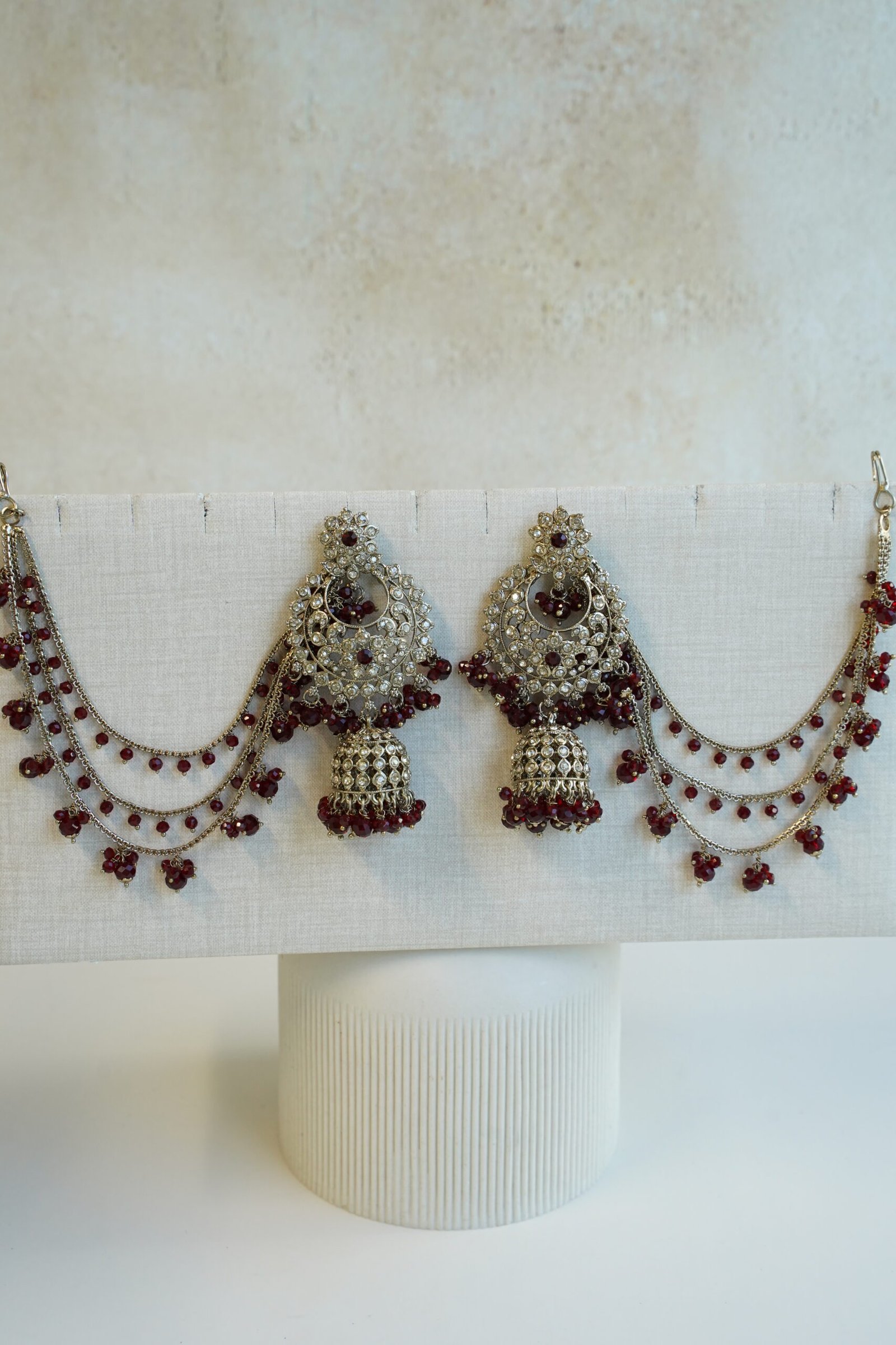 Ayesha crystal beaded bridal set in maroon with double layer necklace, jhumar, kaanchain, and tikka, South Asian wedding jewelry