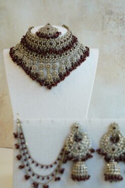 Ayesha crystal beaded bridal set in maroon with double layer necklace, jhumar, kaanchain, and tikka, South Asian wedding jewelry