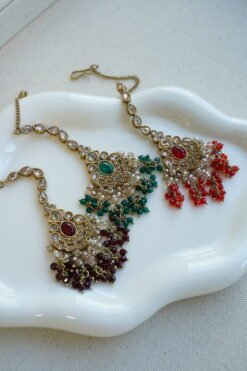 Crystal bead drop tikka with ruby detail, South Asian bridal jewelry