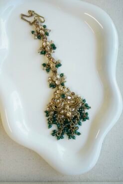 Floral crystal drop tikka with cascading beads, South Asian bridal jewelry
