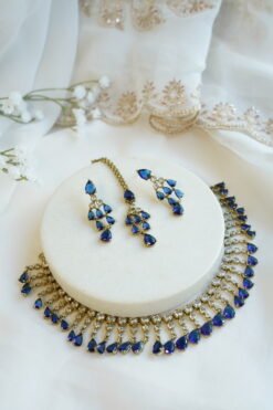 Gia AD set in blue with matching earrings and tikka, South Asian festive jewelry