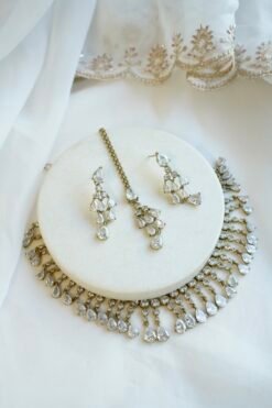 Gia AD set in clear stone with matching earrings and tikka, South Asian festive jewelry