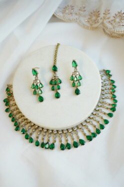 Gia AD set in green stone with matching earrings and tikka, South Asian festive jewelry
