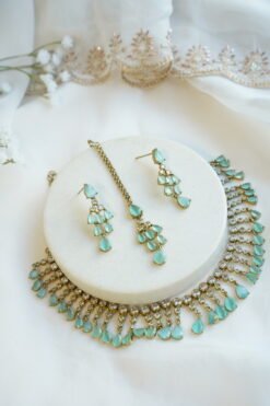 Gia AD set in mint stone with matching earrings and tikka, South Asian festive jewelry